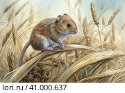 Field mouse among the grass, watercolor style, Generative AI. Стоковое AI-изображение, AI-художник Анна Кривицкая / Фотобанк Лори