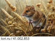 Field mouse among the grass, watercolor style, Generative AI. Стоковое AI-изображение, AI-художник Анна Кривицкая / Фотобанк Лори