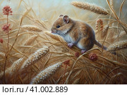 Field mouse among the grass, watercolor style, Generative AI. Стоковое AI-изображение, AI-художник Анна Кривицкая / Фотобанк Лори