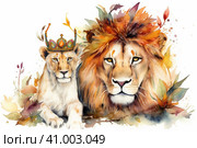 Watercolor picture of a lion and a lion cub on a white background, watercolor style, Generative AI. Стоковое AI-изображение, AI-художник Анна Кривицкая / Фотобанк Лори