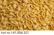 Conchiglie, Shells or Seashells Pasta Wallpaper. Spiral Raw Macaroni from Wheat flour rotating on Turntable. Close Up Top View. Uncooked Pasta Spinning. Full Frame. Food Background. Conchigliette. Стоковое видео, видеограф Марина Демидюк / Фотобанк Лори