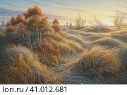 Beautiful landscape with hills and feather grass, watercolor style, Generative AI. Стоковое AI-изображение, AI-художник Анна Кривицкая / Фотобанк Лори