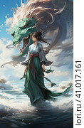 A girl in a national dress stands on the edge of the water opposite a large Chinese dragon. Created by AI. Стоковое AI-изображение, AI-художник Ярославский Максим / Фотобанк Лори