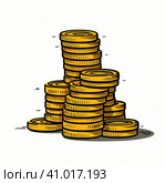 Stacks of coins are yellow on a white background. Created by AI. Стоковое фото, фотограф Ярославский Максим / Фотобанк Лори