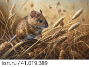 Field mouse among the grass, watercolor style, Generative AI. Стоковое AI-изображение, AI-художник Анна Кривицкая / Фотобанк Лори