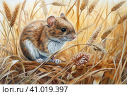 Field mouse among the grass, watercolor style, Generative AI. Стоковое AI-изображение, AI-художник Анна Кривицкая / Фотобанк Лори