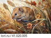 Field mouse among the grass, watercolor style, Generative AI. Стоковое AI-изображение, AI-художник Анна Кривицкая / Фотобанк Лори