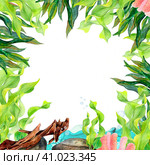 Watercolor drawing frame from dark and light green ribbon algae, laminaria, bottom stones, coral, snags and blue water waves on white background. Underwater life for stickers, wrappng, textile printing. Стоковая иллюстрация, иллюстратор Alena Belenova / Фотобанк Лори