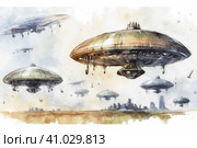 UFO on a white background, watercolor style, Generative AI. Стоковое AI-изображение, AI-художник Анна Кривицкая / Фотобанк Лори