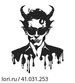 Ink black dripping horned graphic satan or devil with glasses. Стоковая иллюстрация, иллюстратор GAlexS / Фотобанк Лори