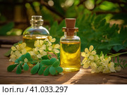 Moringa leaf and flower oil on a wooden table. Стоковое AI-изображение, AI-художник Ольга Ильина / Фотобанк Лори