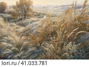 Beautiful landscape with hills and feather grass, watercolor style, Generative AI. Стоковое AI-изображение, AI-художник Анна Кривицкая / Фотобанк Лори