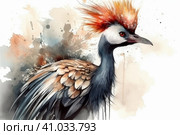 Crowned crane on a white background, watercolor style, Generative AI. Стоковое AI-изображение, AI-художник Анна Кривицкая / Фотобанк Лори