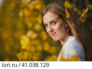 Красивая молодая женщина со светло-каштановыми волосами в белом свитере на фоне листвы в осеннем парке. Портрет привлекательной девушки среди красочных желтых листьев. Осенний сезон. Осень. Стоковое фото, фотограф Андрей Степанов / Фотобанк Лори