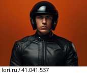 Biker in a modern helmet. Стоковое AI-изображение, AI-художник Кирилл Черезов / Фотобанк Лори