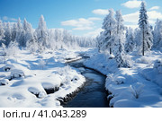 Freezing river in a snowy winter forest, snow and ice in nature, beautiful winter landscape, AI Generated. Стоковое AI-изображение, AI-художник Станислав Тарко / Фотобанк Лори