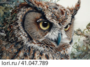 Owl close-up drawing with high detail and many artsy details, watercolor style, Generative AI. Стоковое AI-изображение, AI-художник Анна Кривицкая / Фотобанк Лори