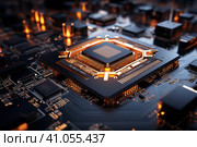 Futuristic future motherboard design with CPU socket, microchips, microprocessors, integrated circuits and connectors for connection, technology science background, AI Generated. Стоковое AI-изображение, AI-художник Станислав Тарко / Фотобанк Лори