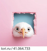 A white seagull with a goofy look on a pink background. Created by AI. Стоковое AI-изображение, AI-художник Ярославский Максим / Фотобанк Лори