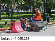 Бригада рабочих укладывают плитку в Александровском саду. Город Москва (2014 год). Редакционное фото, фотограф lana1501 / Фотобанк Лори