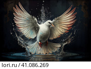 A flying dove in a splash of water. Illustration by Generative AI. Стоковое AI-изображение, AI-художник Sergey Kohl / Фотобанк Лори