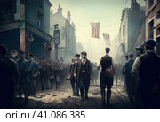 Proletarians on the street of the old city of the 18th century. Victorian era. Illustration by Generative AI. Стоковое AI-изображение, AI-художник Sergey Kohl / Фотобанк Лори