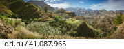 Gorgeous panorama view of huge barren mountain peaks, cliff and canyons of dry arid desert landscape. Ribeira Grande. Santo Antao Island, Cape Verde. Стоковое фото, фотограф Igor Tichonow / Фотобанк Лори