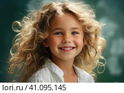 Portrait of cute little blonde toddler curly hair happy girl child over blue background. Looking at camera and smiling. Advertising childrens products. Стоковое AI-изображение, AI-художник Ирина Михайличенко / Фотобанк Лори