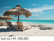 Summer all year round concept. Cuba Varadero Beach View on Atlantic Ocean. Sunny Tropical Seascape with Palm Trees. Summer Nature Background. Стоковое AI-изображение, AI-художник Ирина Михайличенко / Фотобанк Лори
