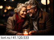 Happy and loving middle aged couple on a romantic date in a cafe in winter. Стоковое AI-изображение, AI-художник Светлана Лажко / Фотобанк Лори