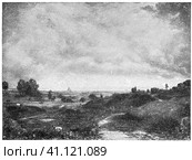 Hampstead Heath by an English landscape painter in the Romantic tradition. Publication of the book "Meyers Konversations-Lexikon", Volume 2, Leipzig, Germany, 1910. Стоковая иллюстрация, иллюстратор Sergey Kohl / Фотобанк Лори