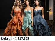 Three young beautiful girls wearing full-length draped slit prom ball gowns decorated with embroidered patterns. Fashion models in dress hire service with many dresses on. bridesmaids at wedding. Стоковое AI-изображение, AI-художник Ирина Михайличенко / Фотобанк Лори