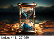 Time is running fast. Hourglass with blue sand inside in mature woman's hand symbolize the brevity of life. Background is sea with beautiful sunlights. Concept of the rapid passage of time.Copy space. Стоковое AI-изображение, AI-художник Ирина Михайличенко / Фотобанк Лори