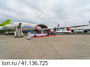BERLIN, GERMANY - APRIL 25, 2018: The prototype of the aircraft project BLADE (Breakthrouh Laminar Aircraft Demonstrator in Europe) Airbus A340-300 MSN1. Exhibition ILA Berlin Air Show 2018. Редакционное фото, фотограф Sergey Kohl / Фотобанк Лори