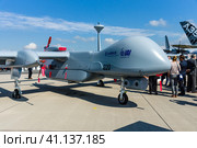BERLIN, GERMANY - JUNE 02, 2016: Reconnaissance UAV IAI Eitan (Steadfast), also known as Heron TP by the Malat division of Israel Aerospace Industries. Exhibition ILA Berlin Air Show 2016. Редакционное фото, фотограф Sergey Kohl / Фотобанк Лори