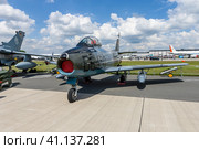 BERLIN, GERMANY - JUNE 02, 2016: Jet fighter aircraft Canadair CL-13A Sabre 5. German Air Force (Luftwaffe). Exhibition ILA Berlin Air Show 2016. Редакционное фото, фотограф Sergey Kohl / Фотобанк Лори