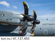 BERLIN, GERMANY - JUNE 03, 2016: Turboprop engine Europrop TP400-D6 of military transport aircraft Airbus A400M Atlas. Exhibition ILA Berlin Air Show 2016. Редакционное фото, фотограф Sergey Kohl / Фотобанк Лори