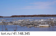 Ледоход на реке Иртыш возле города Ханты-Мансийска.Ice drift, ice movement on the river in early spring on a clear Sunny day, spring landscape. Стоковое видео, видеограф Любовь Демус / Фотобанк Лори