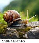 A snail is crawling on top of a rock, AI. Стоковое AI-изображение, AI-художник Сергей Старуш / Фотобанк Лори
