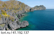 Coastline near hidden Beach, El Nido Palawan. Aerial view of limestone rock formation. Стоковое фото, фотограф Igor Tichonow / Фотобанк Лори