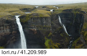 Haifoss waterfall in Iceland, Aerial view. Natural wonder Landmannalaugar canyon. Стоковое фото, фотограф Igor Tichonow / Фотобанк Лори