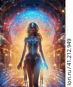 A cyber goddess emerging from her pixelated, psychedelic, digital space. Стоковое AI-изображение, AI-художник Ярославский Максим / Фотобанк Лори