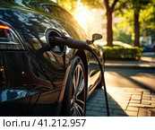 The electric car is charging near the speaker. Generated by AI. Стоковое AI-изображение, AI-художник Ярославский Максим / Фотобанк Лори