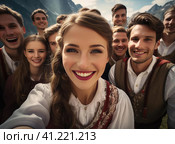 A group of Austrians in national dress. Стоковое AI-изображение, AI-художник Кирилл Черезов / Фотобанк Лори