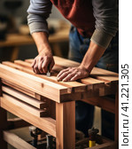 Carpenter's hands at work. Стоковое AI-изображение, AI-художник Поликарпов Владимир Владимирович / Фотобанк Лори