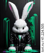 Белый пушистый кролик в костюме из черного латекса. White Fluffy Rabbit in a Black Latex Costume AI generated. Стоковое AI-изображение, AI-художник Алексей Траст / Фотобанк Лори