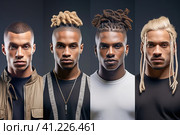 Stylish dreadlock hairstyles from the African American men's catalog. Стоковое AI-изображение, AI-художник Юрий Поздников / Фотобанк Лори
