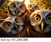 A group of owls. Стоковое AI-изображение, AI-художник Кирилл Черезов / Фотобанк Лори