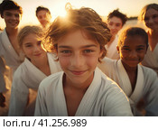 A group of teenage wrestlers in a kimono. Стоковое AI-изображение, AI-художник Кирилл Черезов / Фотобанк Лори