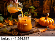 Preparing a healthy pumpkin drink. Halloween, Thanksgiving, fall holiday. Стоковое фото, фотограф Алла Чесноковва / Фотобанк Лори